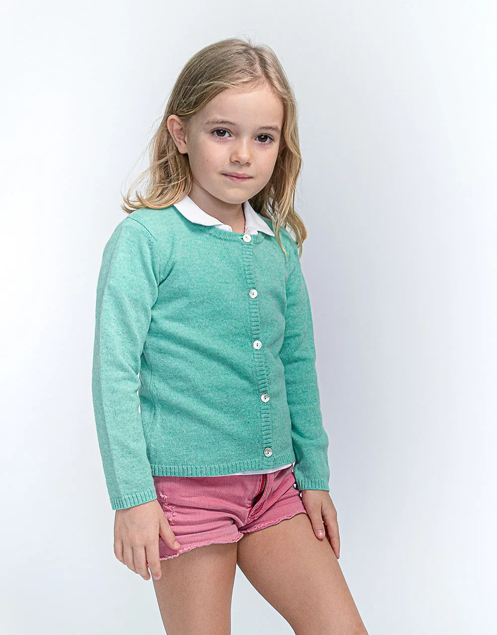 Classic Girls Crew Neck Cashmere Cardigan in Leaf