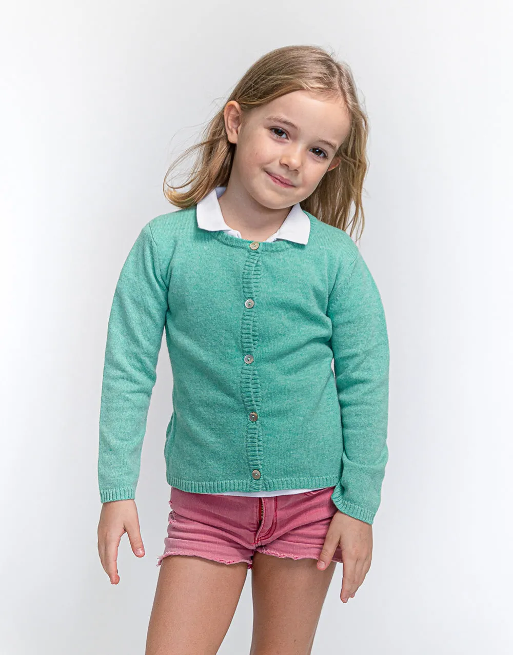 Classic Girls Crew Neck Cashmere Cardigan in Leaf