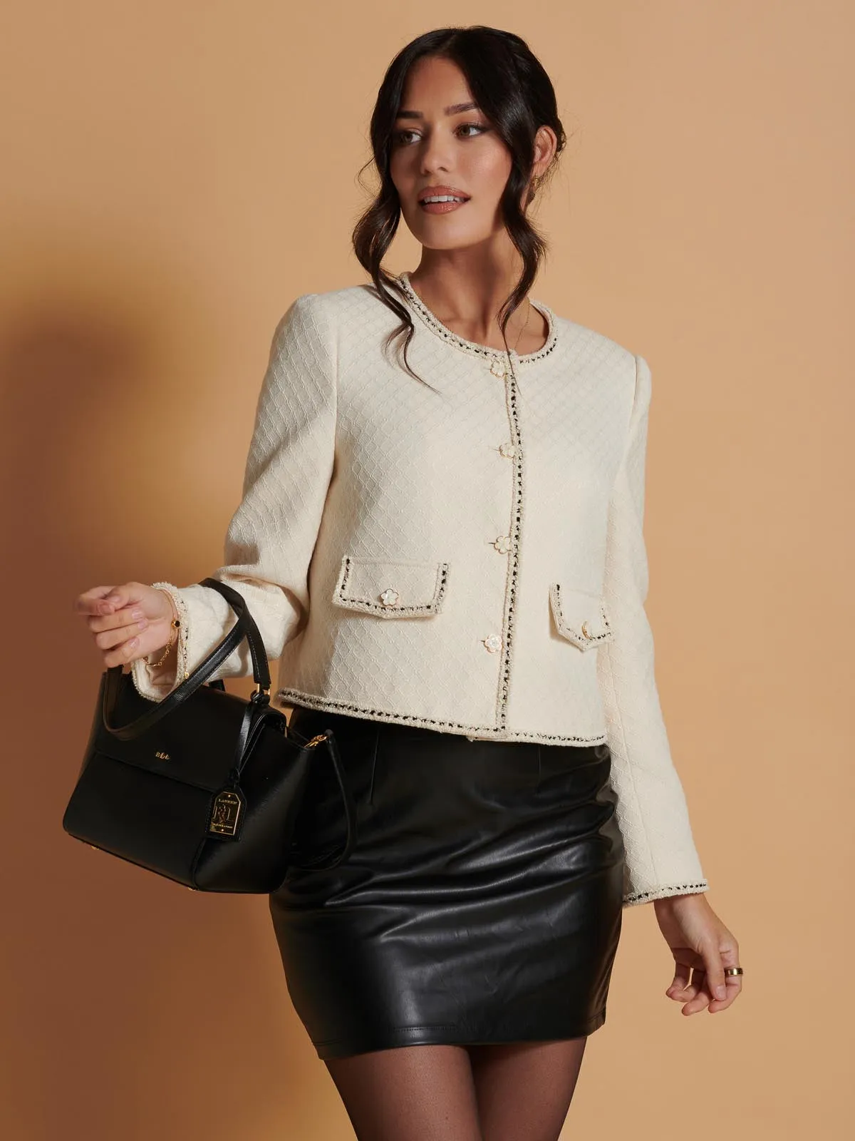 Contrast Trim Tweed Jacket, Oatmeal