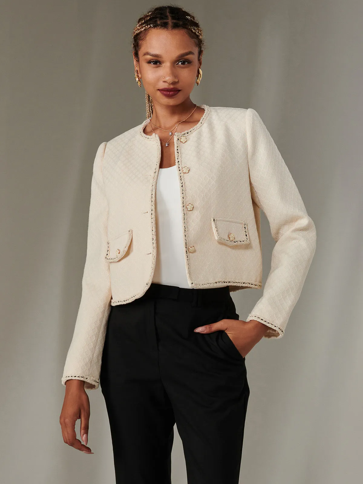 Contrast Trim Tweed Jacket, Oatmeal