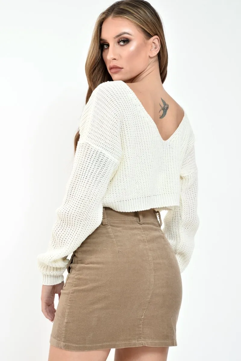 Cream Chunky Knit V Back Crop Jumper - Priscilla