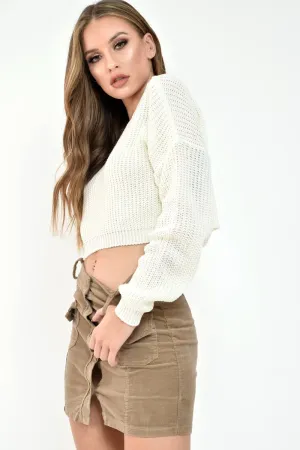 Cream Chunky Knit V Back Crop Jumper - Priscilla