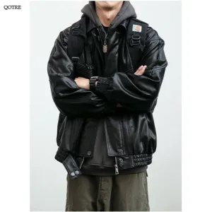 Cropped Motorcycle Windproof Loose Fit Biker Leather Jacket