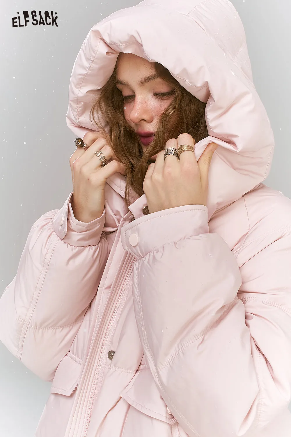 ELFSACK 2024 Winter New Arrivals Sweet Preppy style hooded down jacket for women long warm thick coat