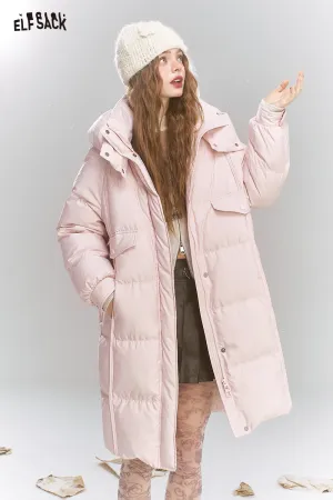 ELFSACK 2024 Winter New Arrivals Sweet Preppy style hooded down jacket for women long warm thick coat