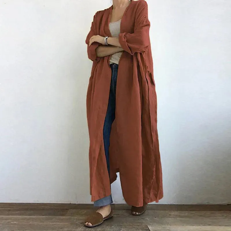 Fashion Long Sleeve Open Front Cotton Linen Vintage Coats