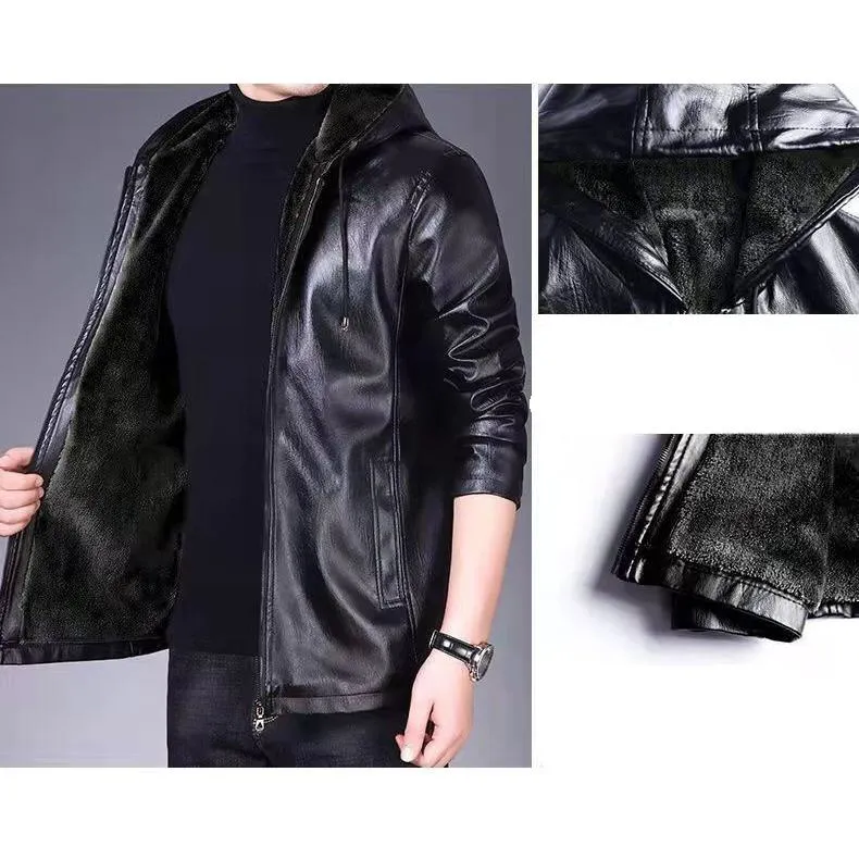 Fleece-Lined Insulated Hooded Leather Jacket