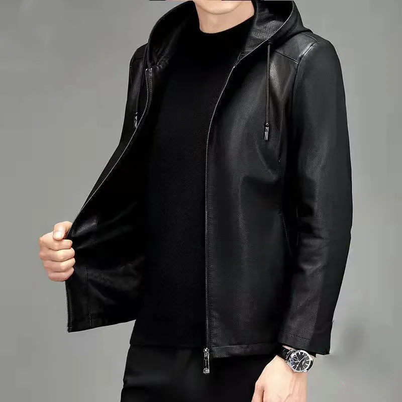 Fleece-Lined Insulated Hooded Leather Jacket