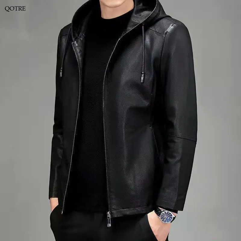 Fleece-Lined Insulated Hooded Leather Jacket