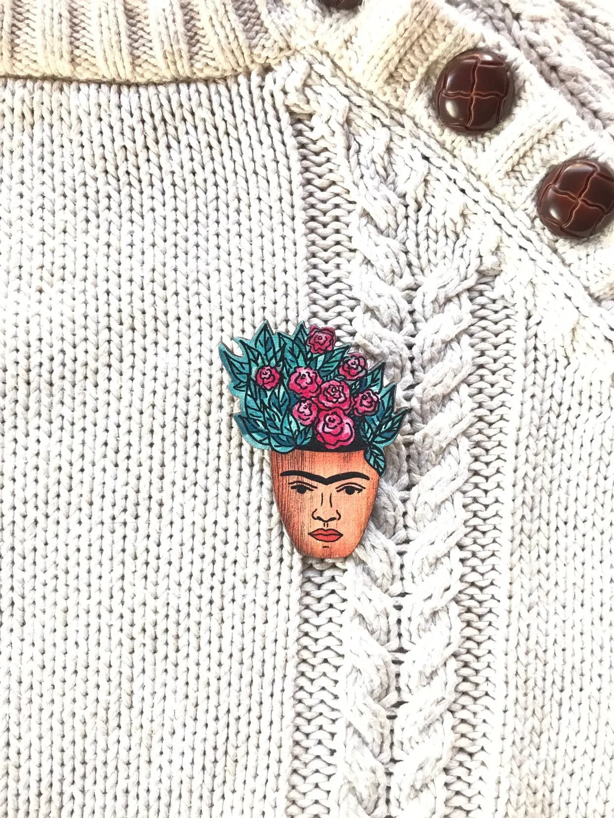 Frida Hand-Made Wood Pin Brooch, Gifts for Artists