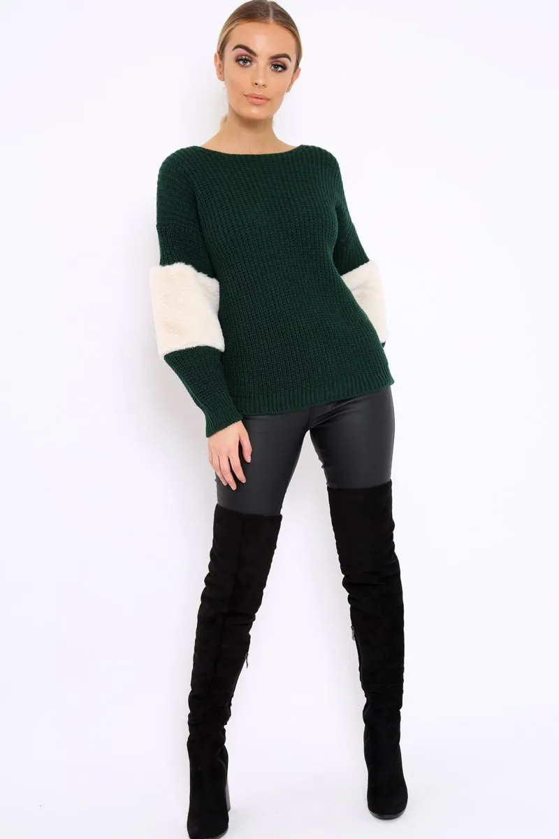 Green Chunky Knit Fur Sleeve Jumper - Kimberly