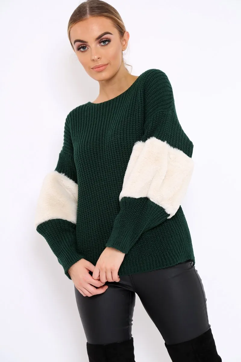 Green Chunky Knit Fur Sleeve Jumper - Kimberly