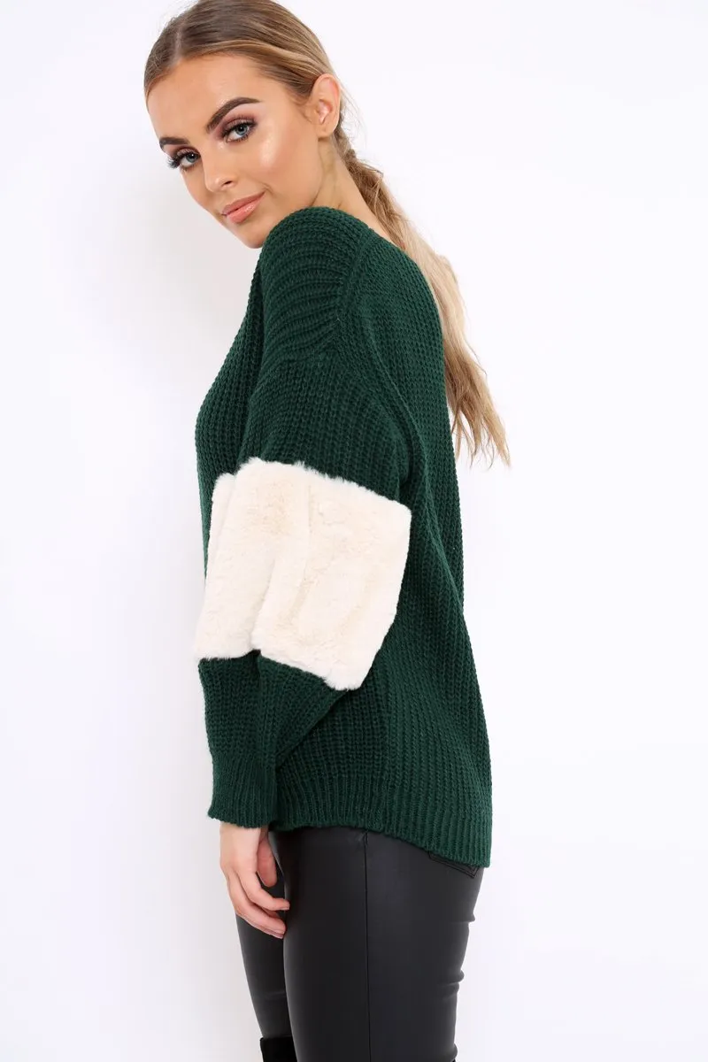 Green Chunky Knit Fur Sleeve Jumper - Kimberly