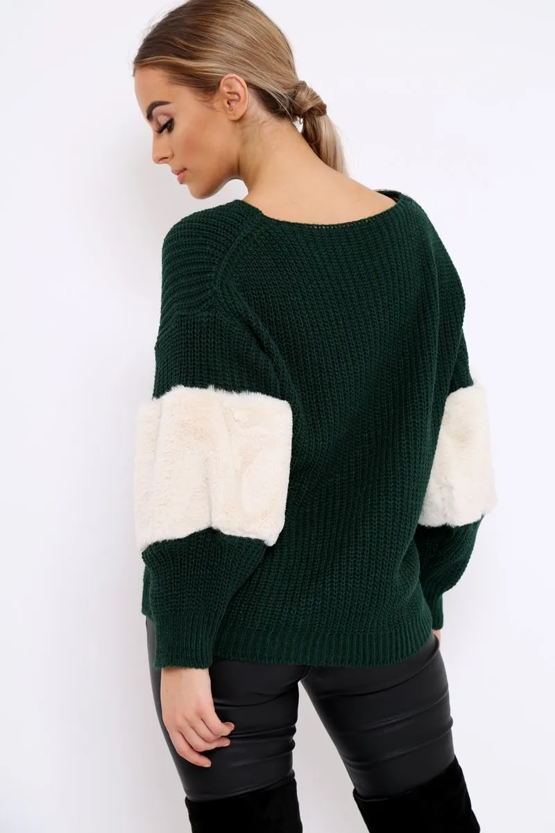 Green Chunky Knit Fur Sleeve Jumper - Kimberly