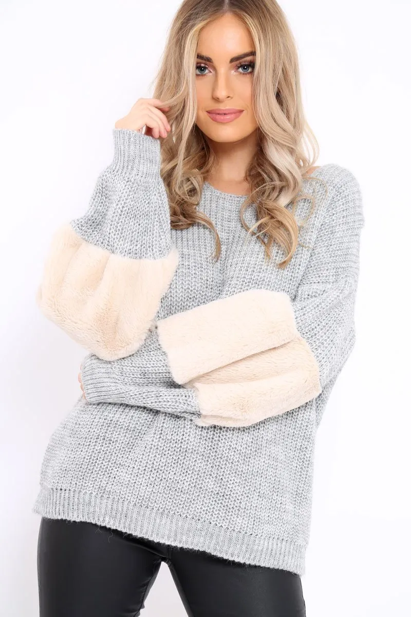 Grey Chunky Knit Fur Sleeve Jumper - Kimberly