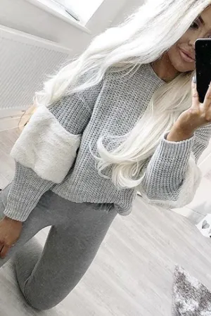 Grey Chunky Knit Fur Sleeve Jumper - Kimberly