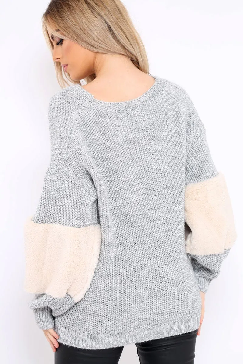 Grey Chunky Knit Fur Sleeve Jumper - Kimberly