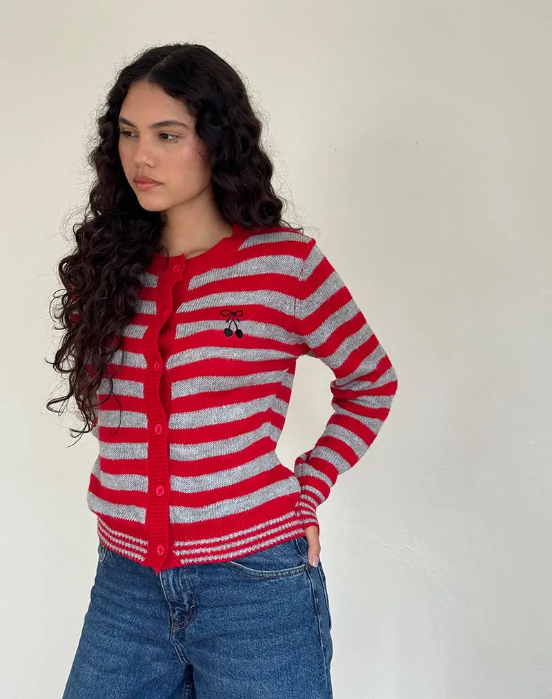 Henidar Cardigan in Red and Grey Stripe with Cherry Emb