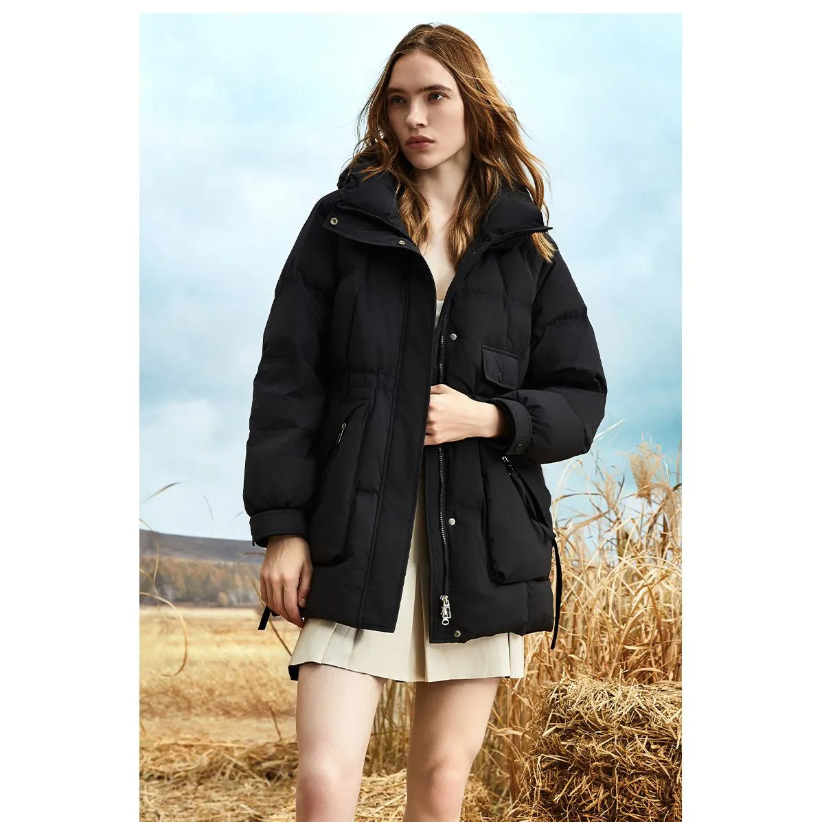 Hooded Cinched Waist Down Jacket