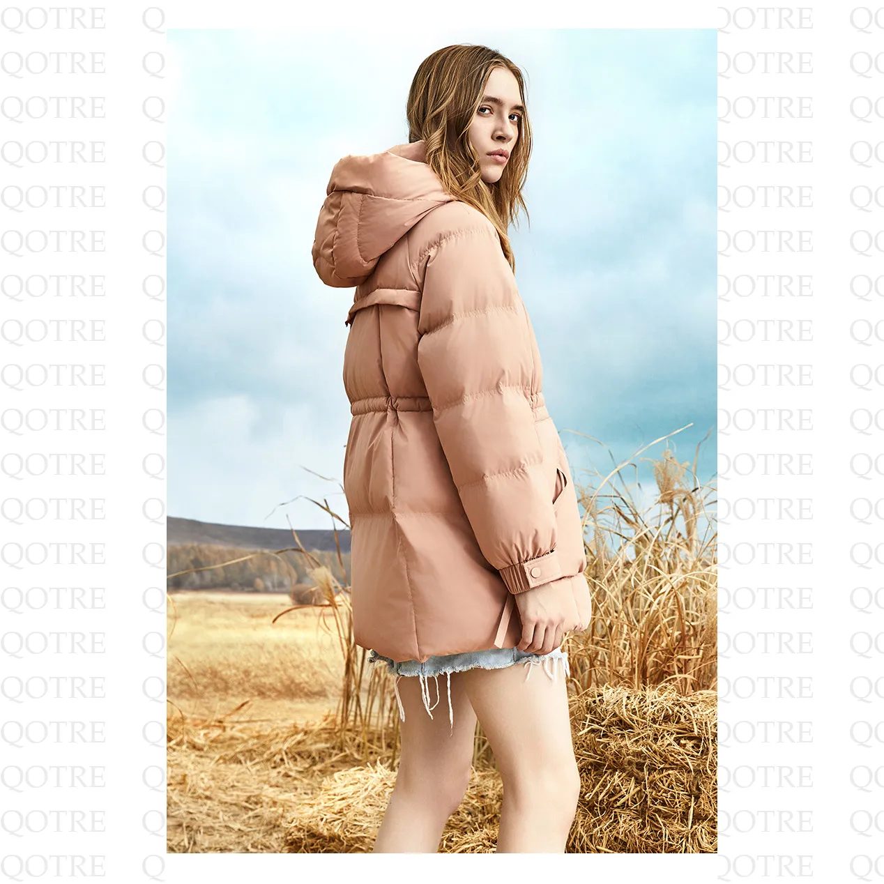 Hooded Cinched Waist Down Jacket