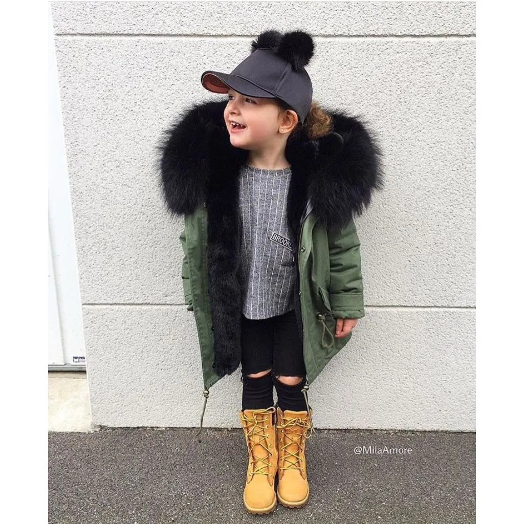 Kids Green Parka - Black Fur