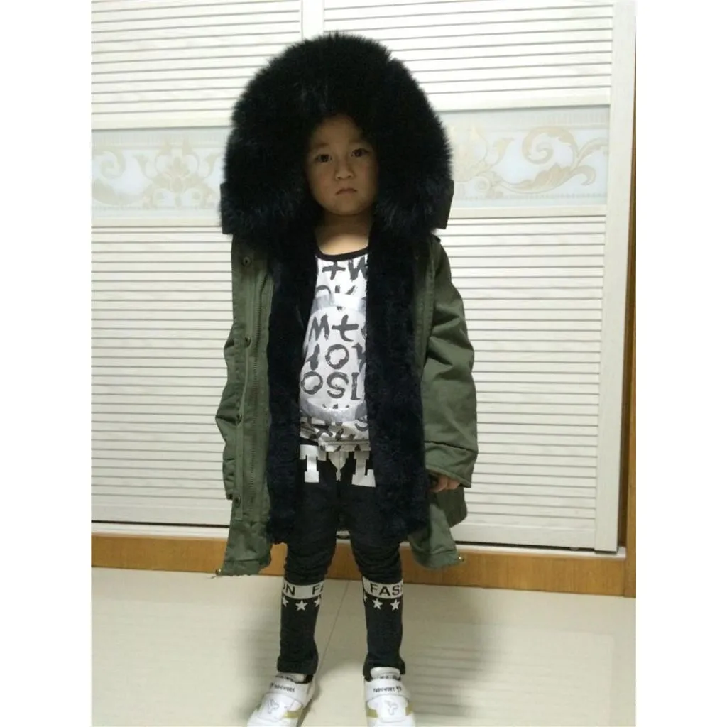 Kids Green Parka - Black Fur