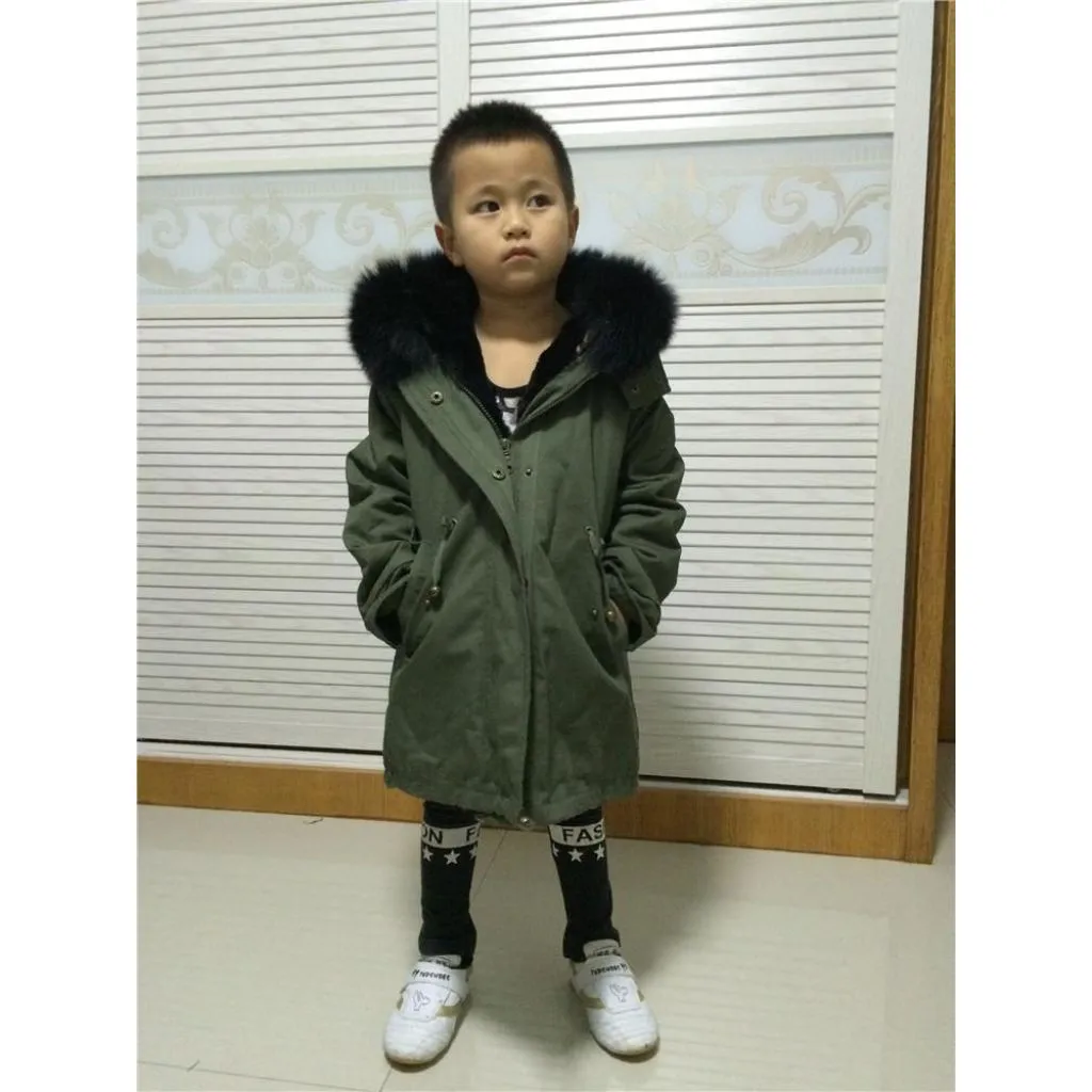 Kids Green Parka - Black Fur