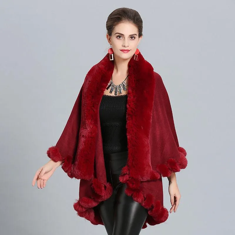 Loose Coat Faux Fox Fur Poncho Wool Coats Women Tassel Cloak Warm Outwear