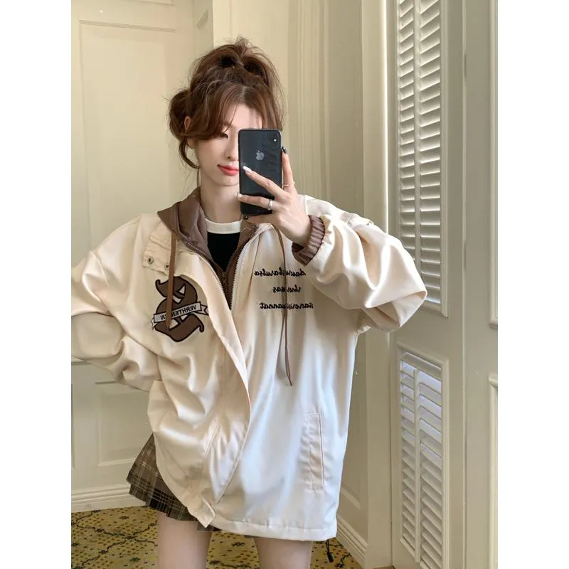 Loose Fit Embroidery Unisex Street Style Faux Two-Piece Windbreaker