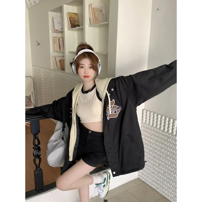 Loose Fit Embroidery Unisex Street Style Faux Two-Piece Windbreaker