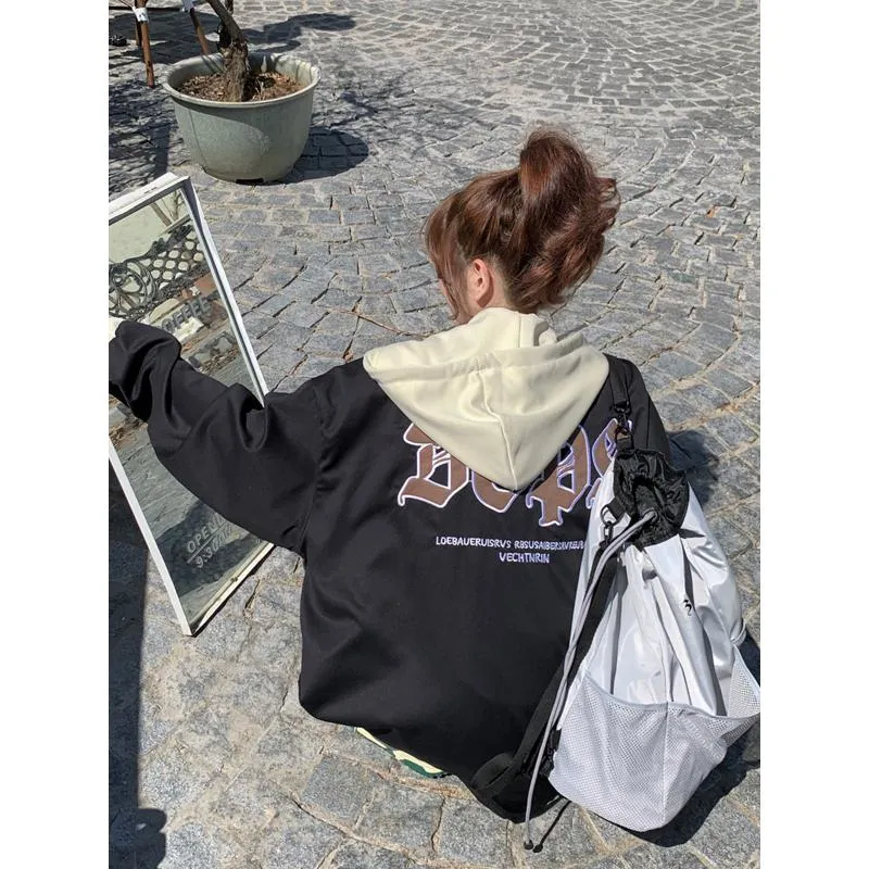 Loose Fit Embroidery Unisex Street Style Faux Two-Piece Windbreaker