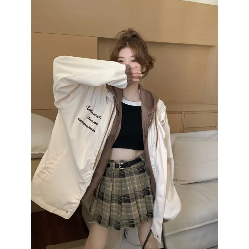 Loose Fit Embroidery Unisex Street Style Faux Two-Piece Windbreaker