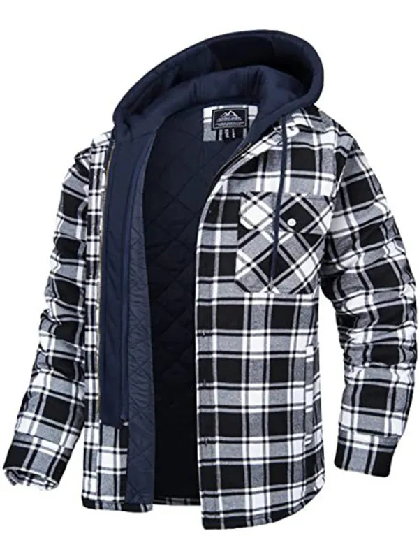 Men casual Thickened Padded Plaid Long Sleeve Loose Hooded Jacket