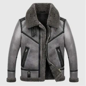 Men's B3 Bomber Aviator WWII Pilot Real Sheepskin Shearling Silver Leather Jacket