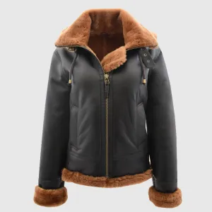 New Quality Womens Sheepskin B3 Detachable Hoodie Jacket Naomi Brown Ginger