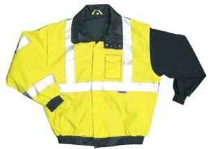 OccuNomix Large Yellow PVC Coated Polyester Class 3 Weather Resistant Bomber Jacket With Front Hook And Loop Closure, 2" 3M Scotchlite Reflective Tape Striping And 2 Pockets