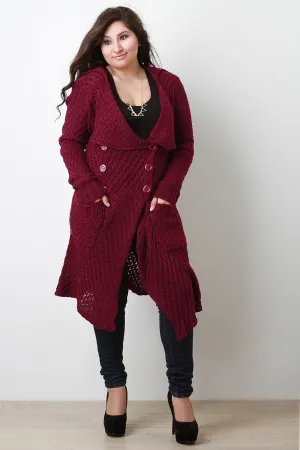 Open Knit Collared Longline Sweater Coat