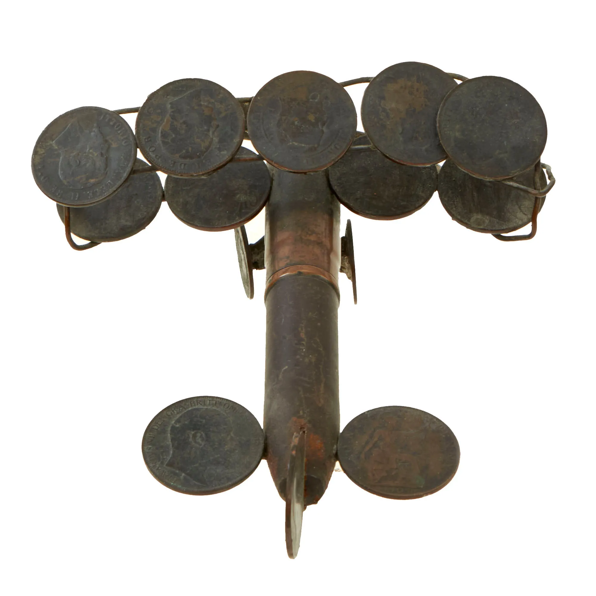 Original British WWI Trench Art Biplane Constructed From Coins and Inert Large Caliber Round As Featured In The Book “Trench Art, An Illustrated History” by Jane Kimball on Page 171