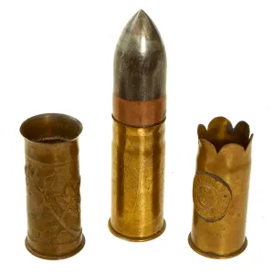 Original U.S. WWI Inert 37mm Trench Art Shell Casings and Round For The 37mm Infantry Gun Model 1917 - 3 Items