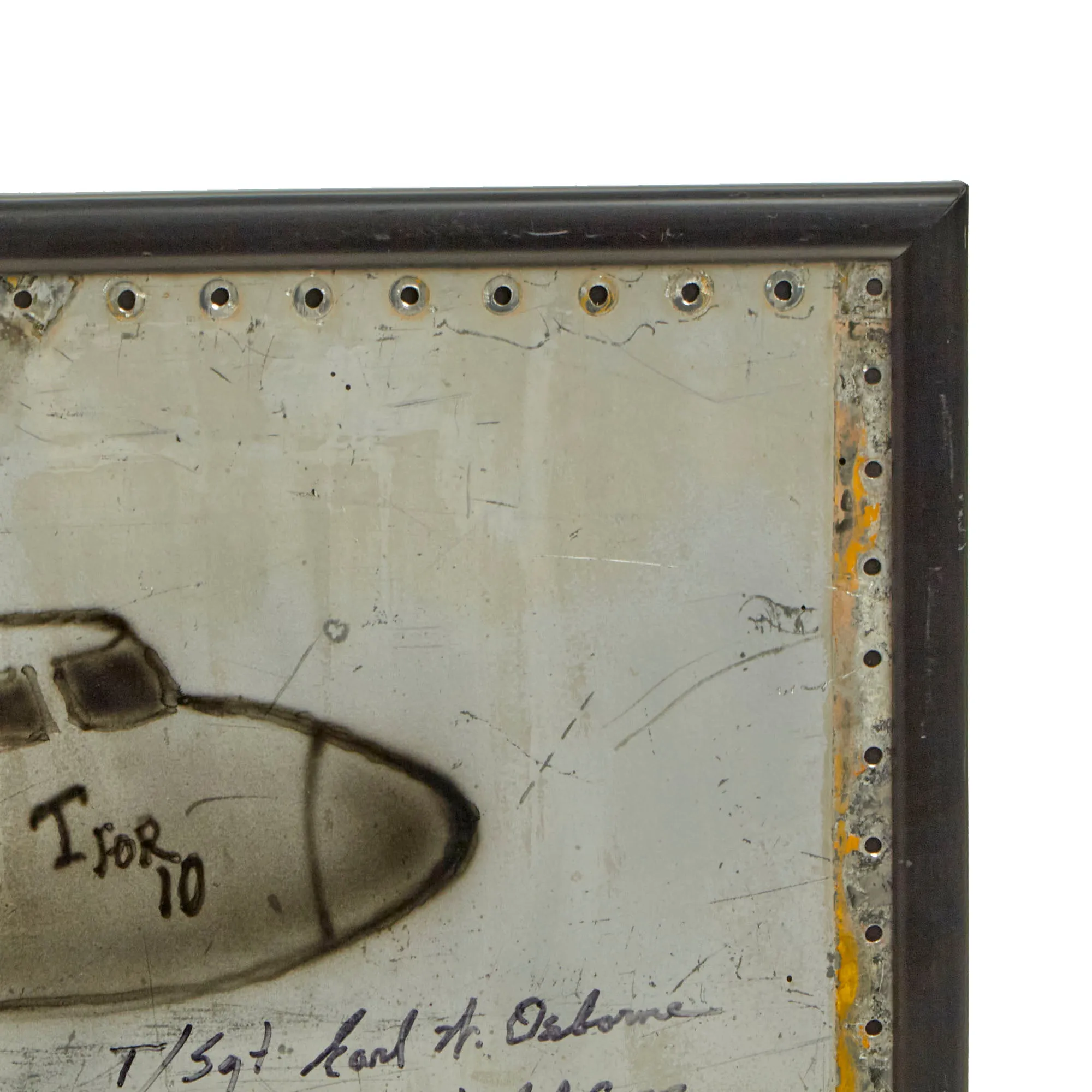 Original U.S. WWII Framed Aircraft Skin “Trench Art” P of B-17 “T For 10”, Signed Post War by POW (Artist) T/sgt Earl W. Osborne (Top Turret Gunner/Engineer), Shot Down April 28, 1944 and Sent to Stalag Luft 17b - 27” x 13”