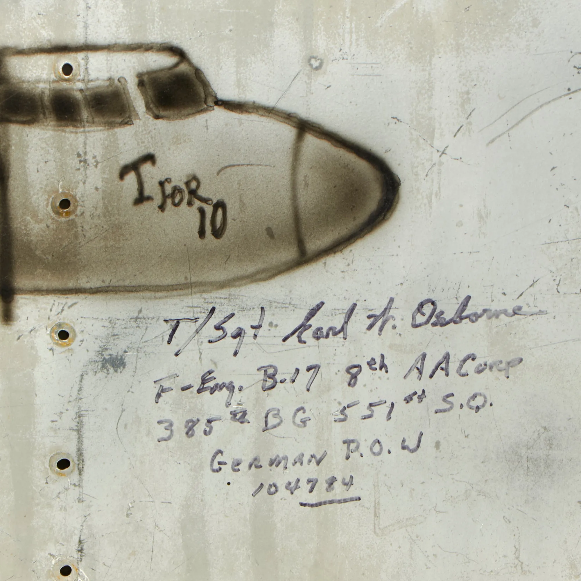 Original U.S. WWII Framed Aircraft Skin “Trench Art” P of B-17 “T For 10”, Signed Post War by POW (Artist) T/sgt Earl W. Osborne (Top Turret Gunner/Engineer), Shot Down April 28, 1944 and Sent to Stalag Luft 17b - 27” x 13”