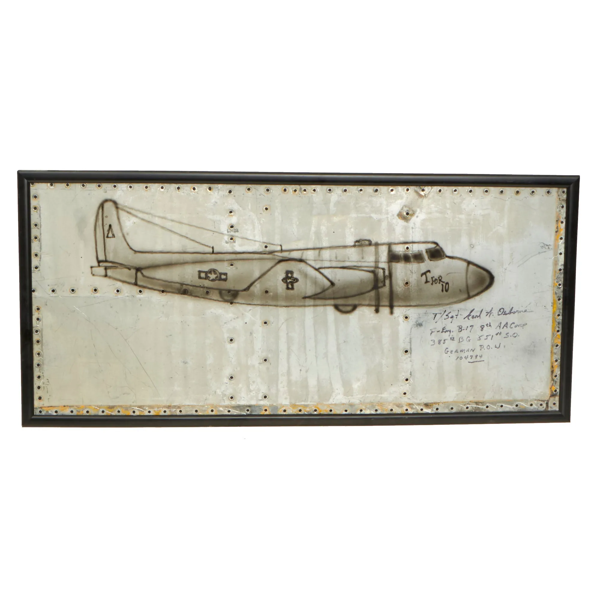 Original U.S. WWII Framed Aircraft Skin “Trench Art” P of B-17 “T For 10”, Signed Post War by POW (Artist) T/sgt Earl W. Osborne (Top Turret Gunner/Engineer), Shot Down April 28, 1944 and Sent to Stalag Luft 17b - 27” x 13”