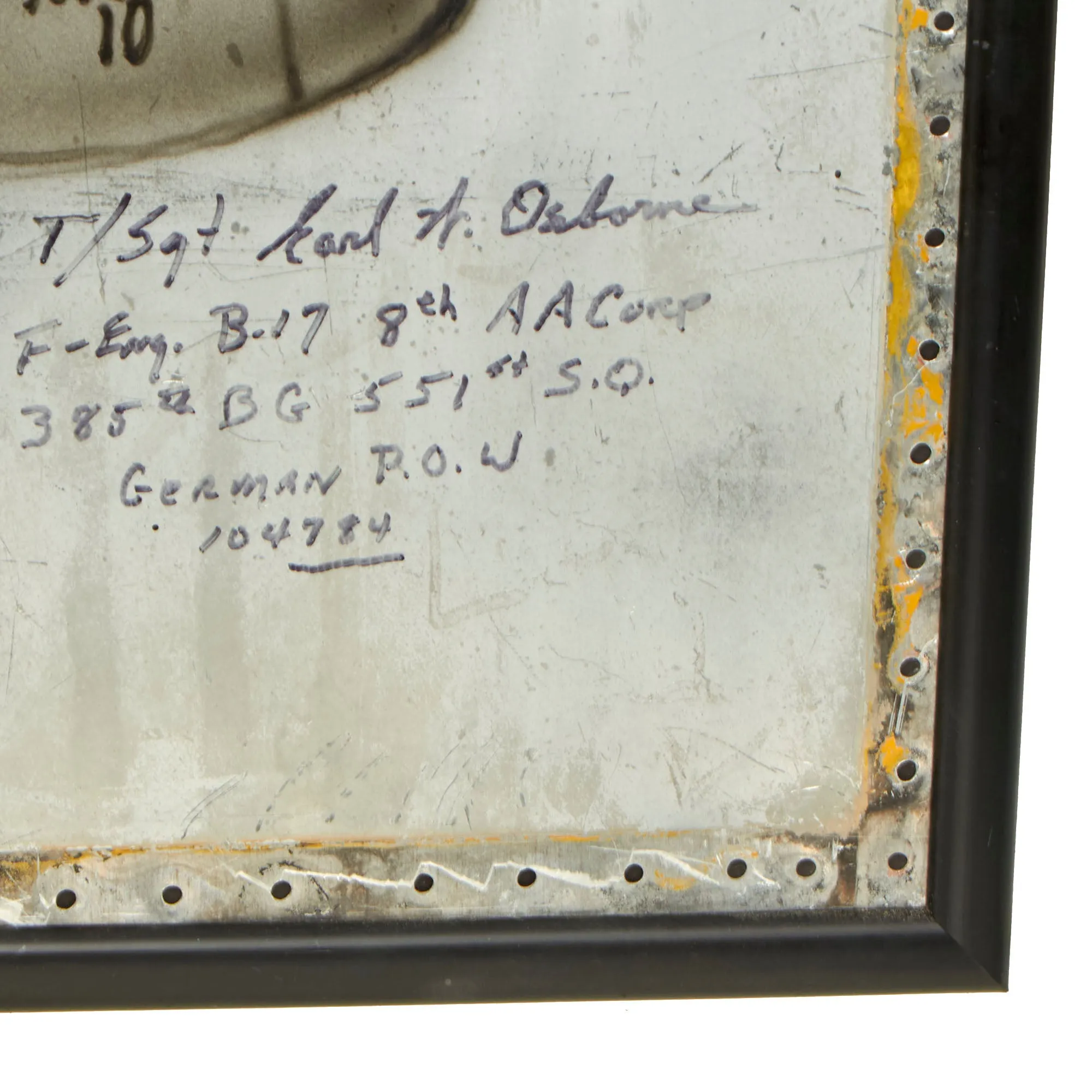 Original U.S. WWII Framed Aircraft Skin “Trench Art” P of B-17 “T For 10”, Signed Post War by POW (Artist) T/sgt Earl W. Osborne (Top Turret Gunner/Engineer), Shot Down April 28, 1944 and Sent to Stalag Luft 17b - 27” x 13”