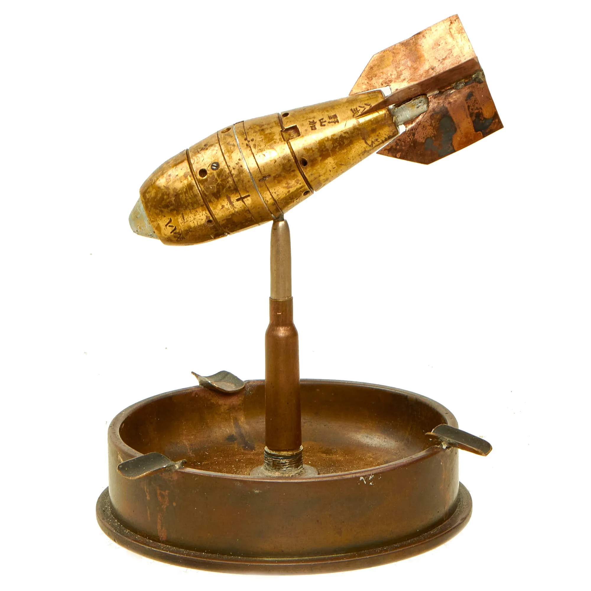 Original U.S. WWII Trench Art Ashtray With “Bomb” Constructed Out of Multiple Type 88 Fuses With US 105mm Base