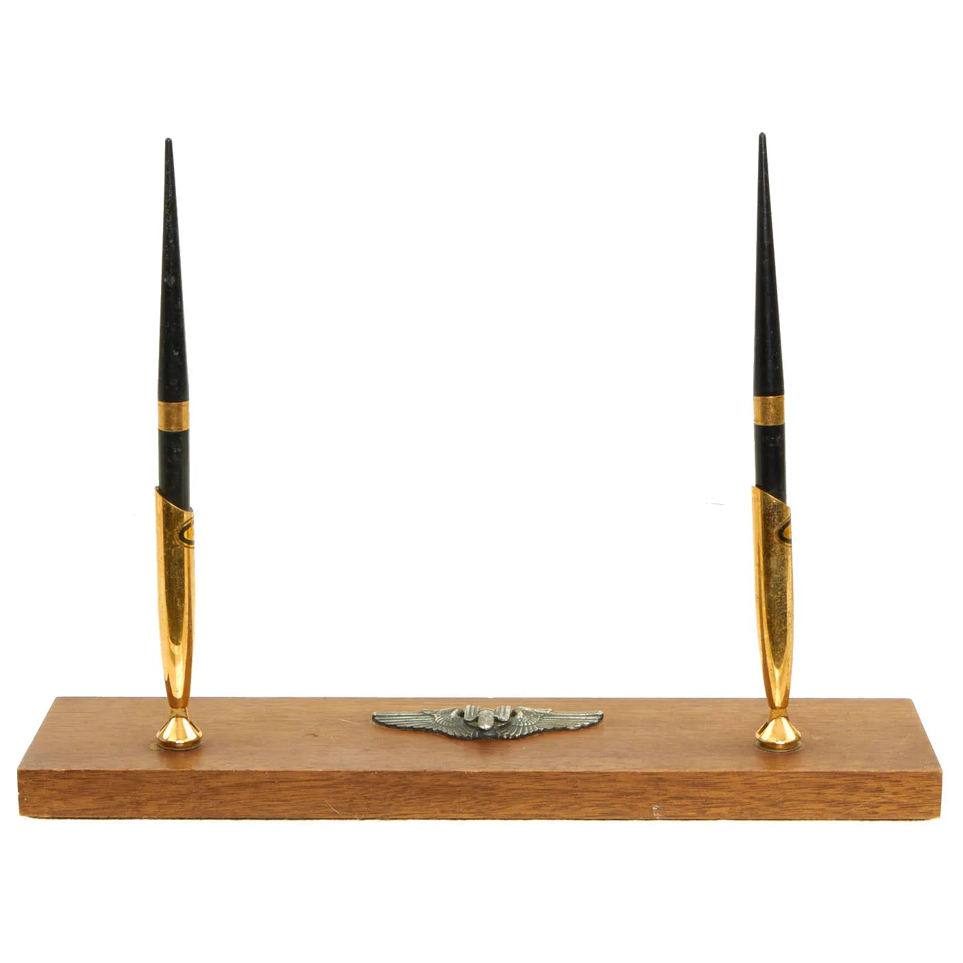 Original U.S. WWII Trench Art Stamped Ashtray With Senior Pilot Wings & Wood Base Pen Stand With Aerial Gunner Wings - 2 Items