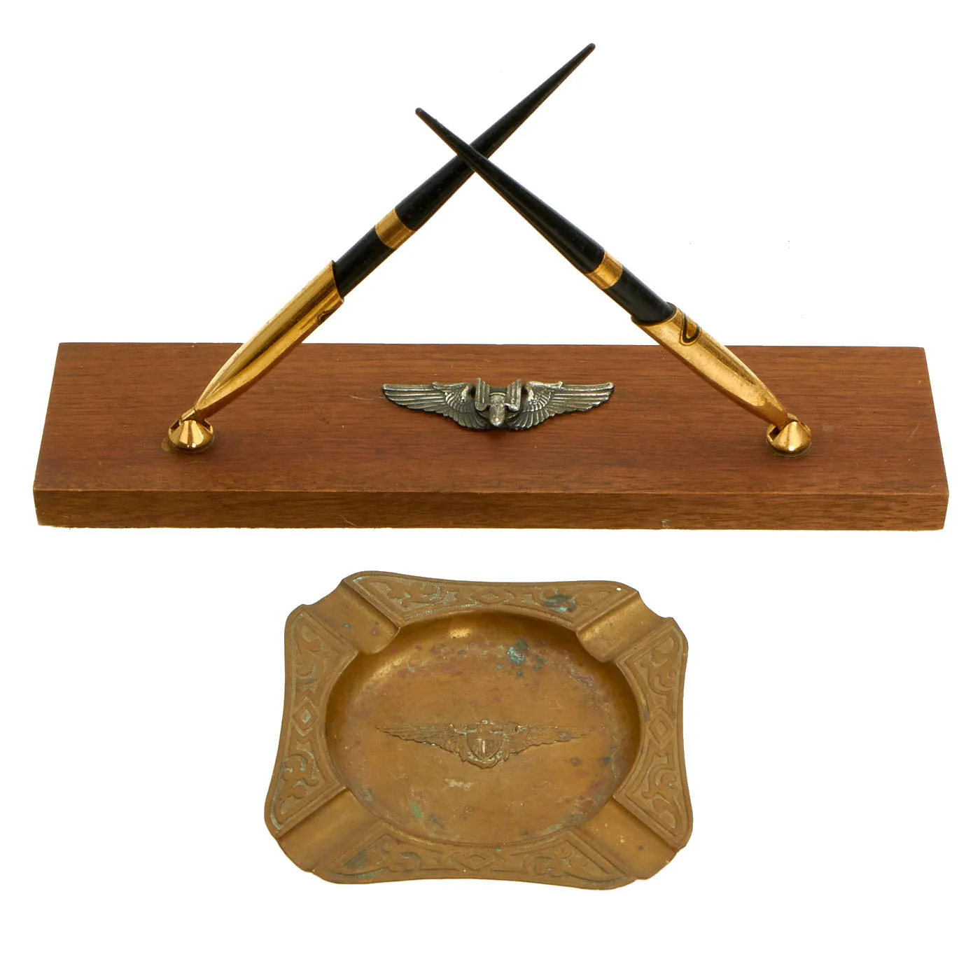 Original U.S. WWII Trench Art Stamped Ashtray With Senior Pilot Wings & Wood Base Pen Stand With Aerial Gunner Wings - 2 Items