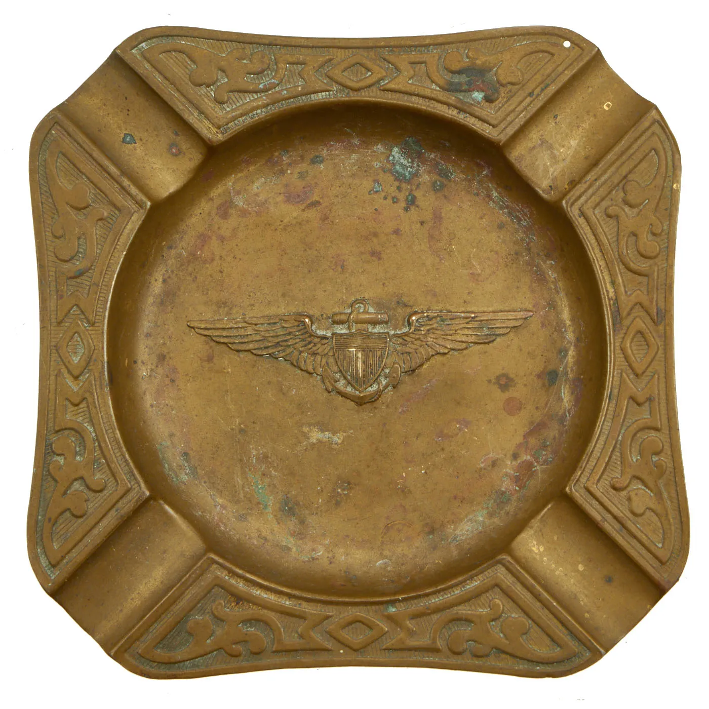 Original U.S. WWII Trench Art Stamped Ashtray With Senior Pilot Wings & Wood Base Pen Stand With Aerial Gunner Wings - 2 Items