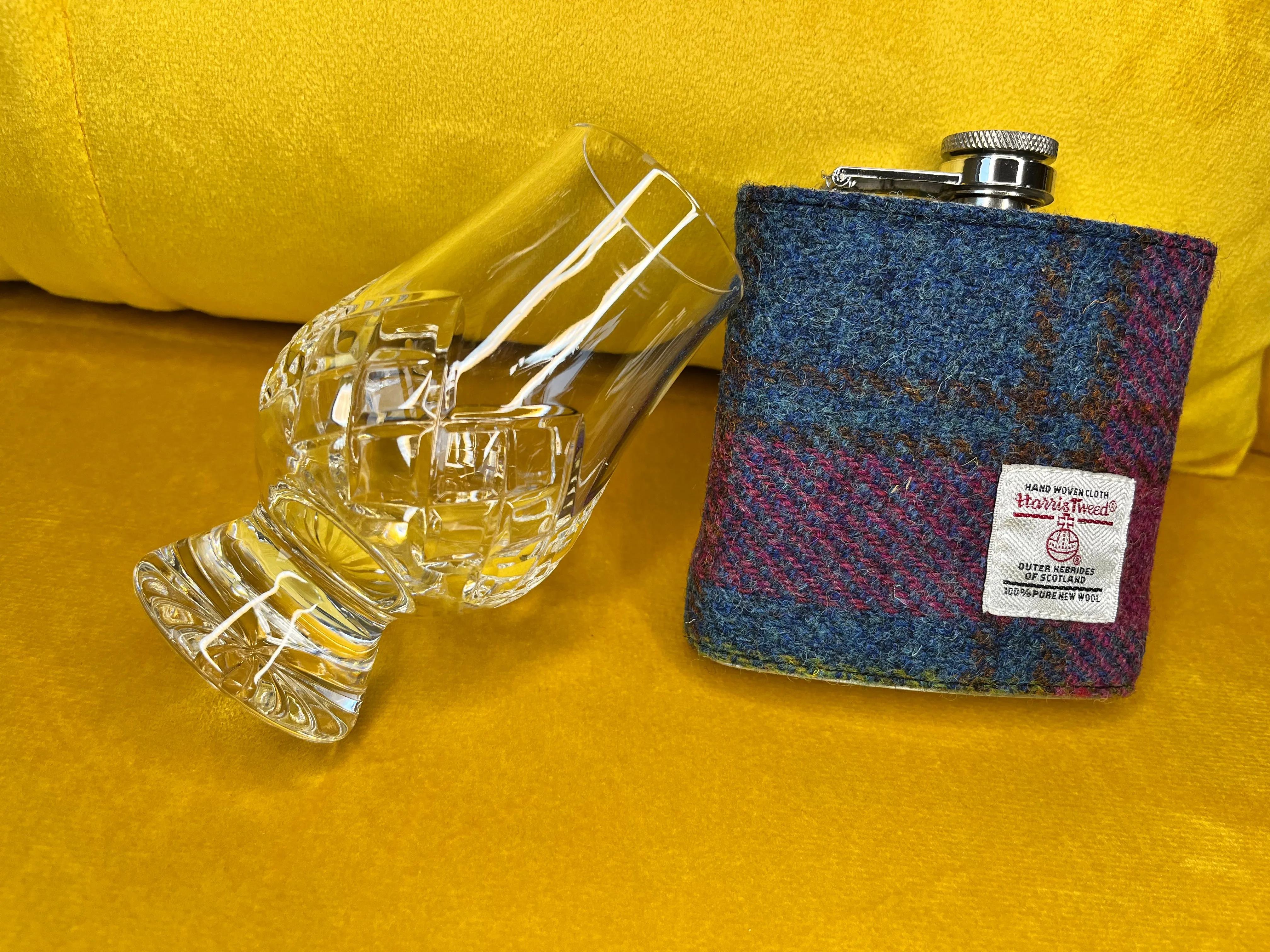 PINK AND BLUE HARRIS TWEED HIP FLASK