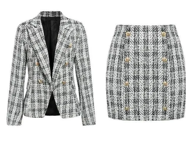 Plaid Blazer Double Breast Blazer & Skirt