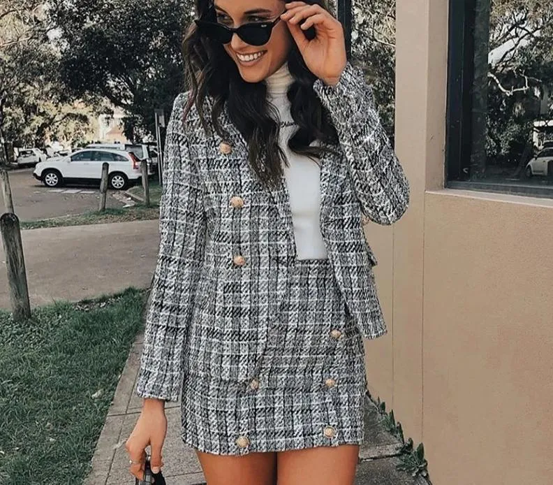 Plaid Blazer Double Breast Blazer & Skirt